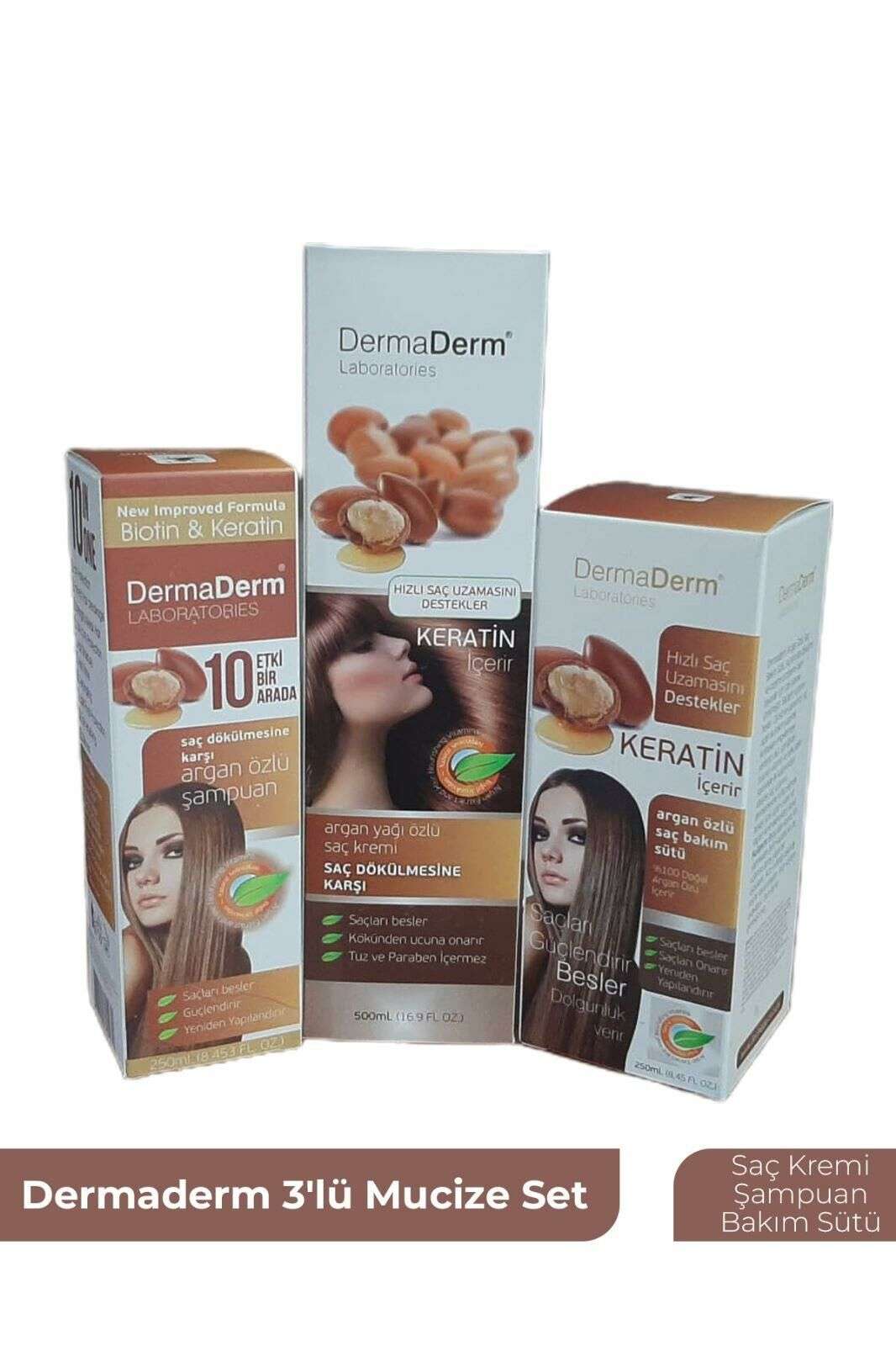 DermaDerm Argan Özlü Saç Bakım Seti (Saç Kremi-Şampuan-Bakım Sütü)