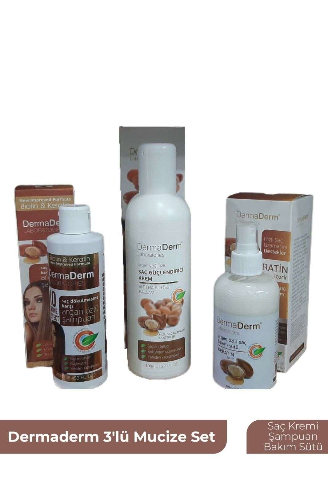 DermaDerm Argan Özlü Saç Bakım Seti (Saç Kremi-Şampuan-Bakım Sütü)