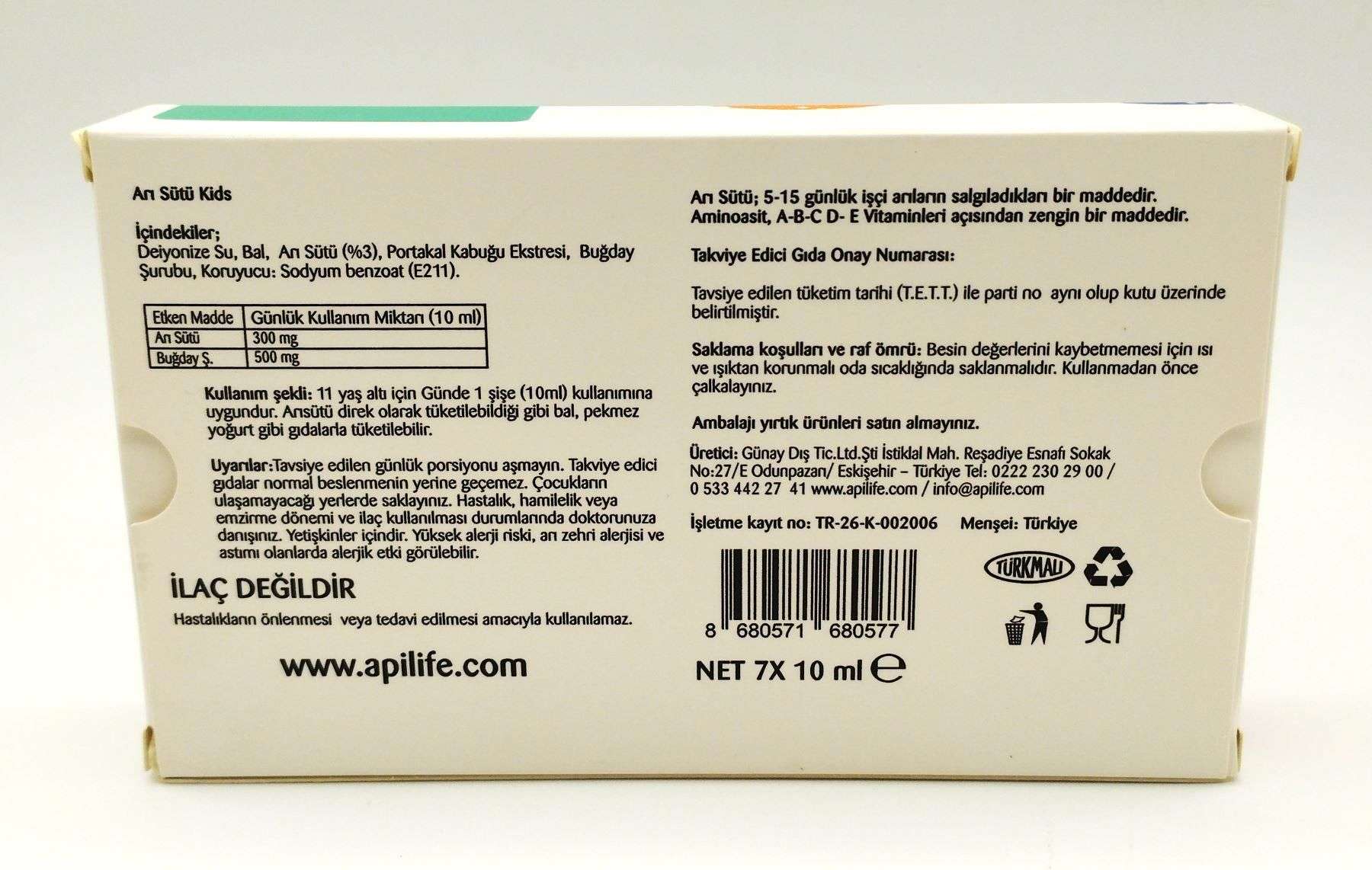 Apilife Kids Arı Sütü 7 x 10 ml