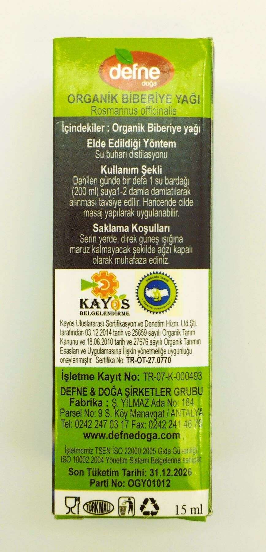 Defne Doğa Organik Biberiye Yağı 15 ml